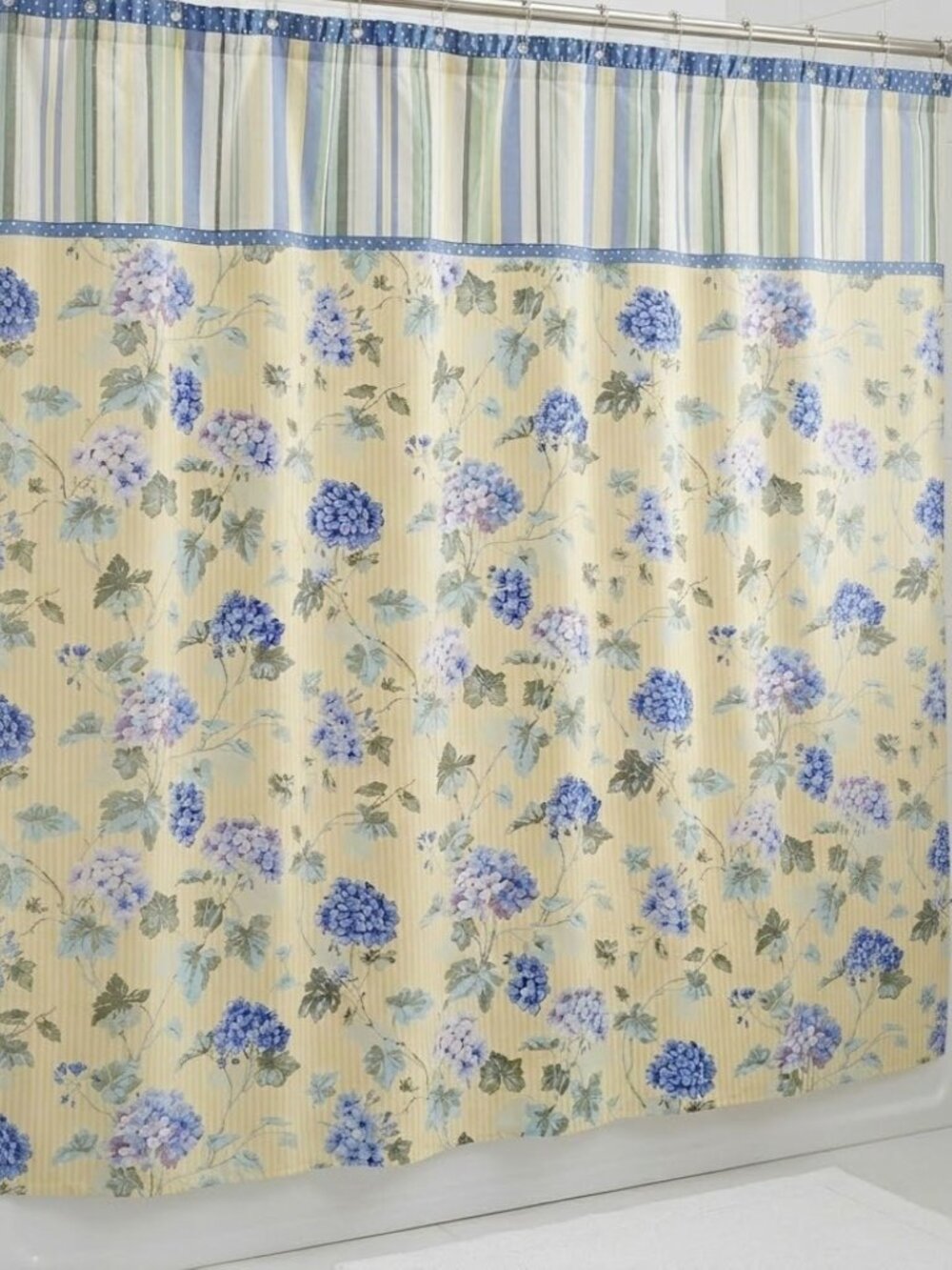 Waverly Hydrangea Shower Curtain Yellow Blue Floral Stripe 68x71 Cottagecore Vtg